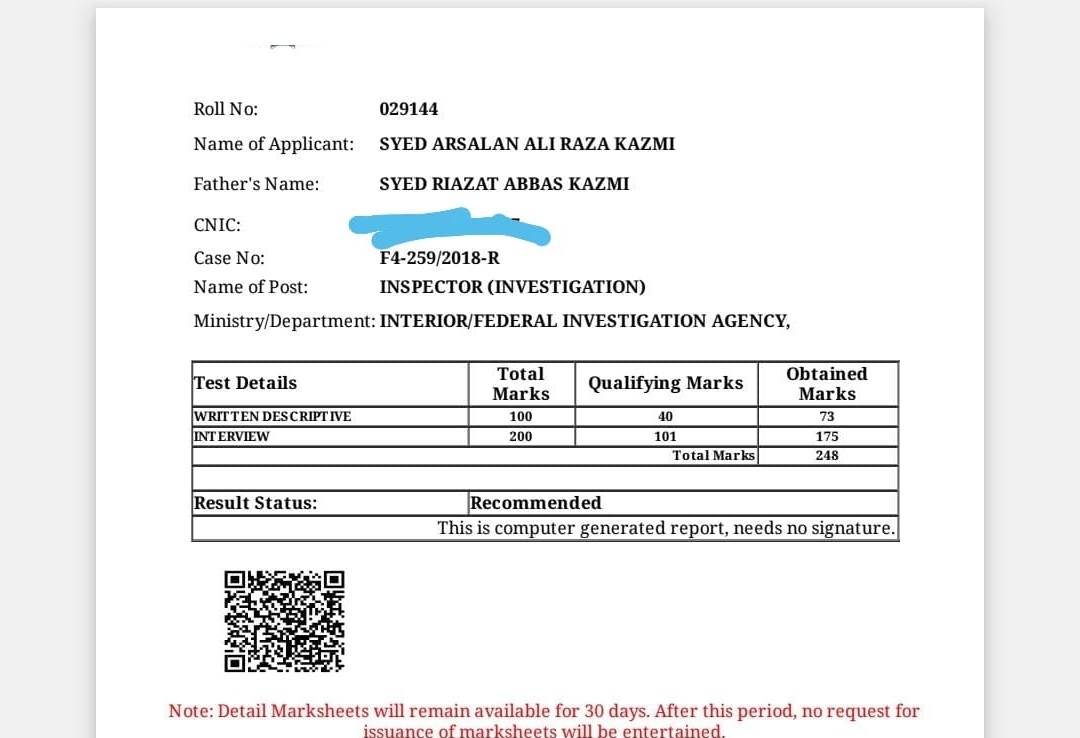 DMC Marks Sheet of  Arsalan Kazmi Topper Inspector Investigation Topper