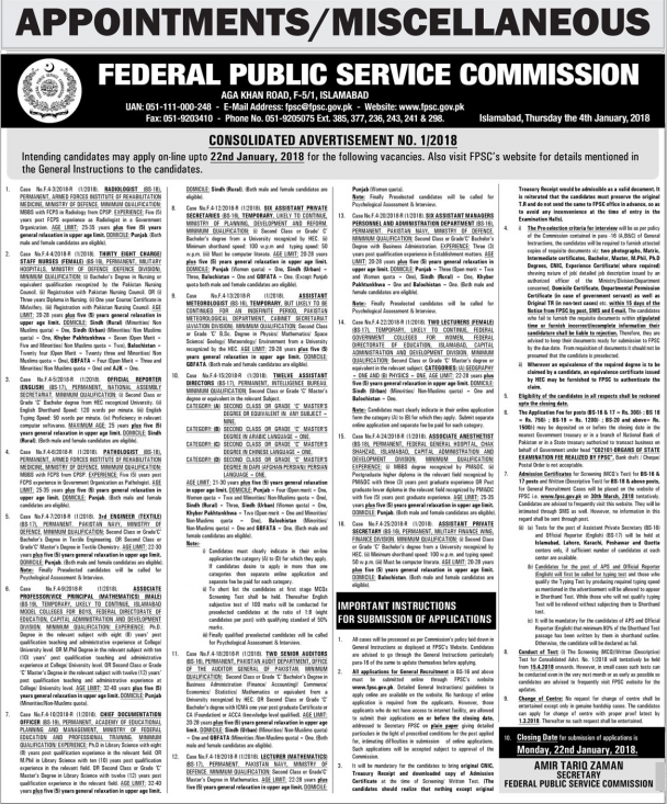 Federal Public Service Commission FPSC Jobs January 2018