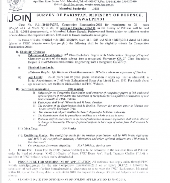 Competitive Exam Survey of Pakistan Assistant Director Jobs 2018
