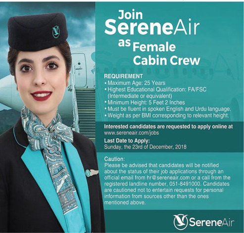 Female Cabin Crew Jobs in Serene Air 2018