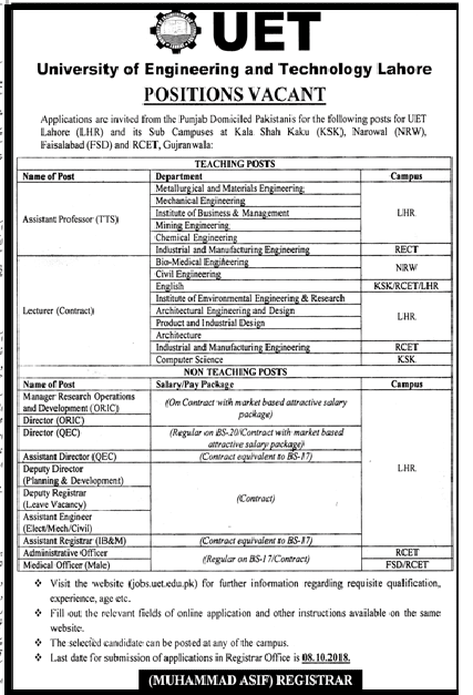 University of Engineering and Technology Lahore Jobs 2018 Teaching and non teaching