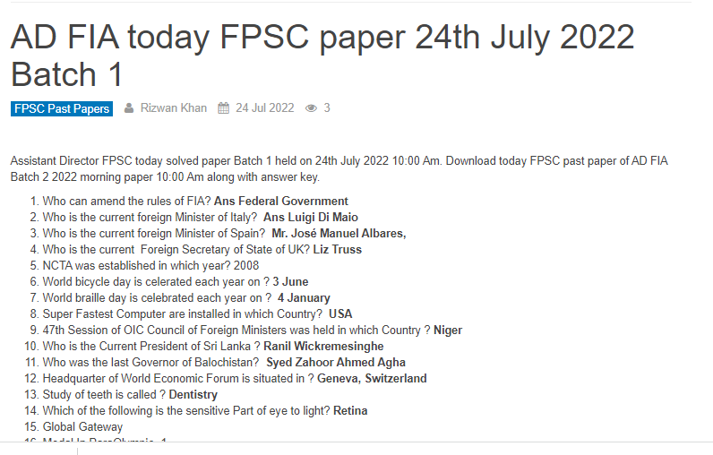 AD FIA today FPSC paper 24th July 2022 Batch 1