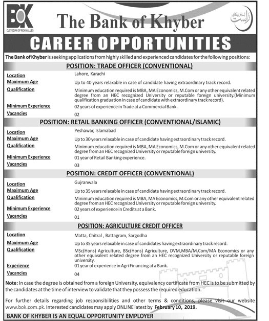 Bank of Khyber Jobs of Trade Officer, Retail Banking Officer, Credit Officer, Agriculture Credit Officer 2019 Laste Banking Jobs in Pakistan