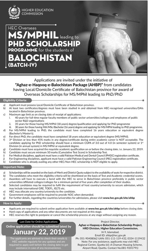 HEC AHBP Overseas Scholarships for MS/MPhil leading to PHD for Students of Balochistan