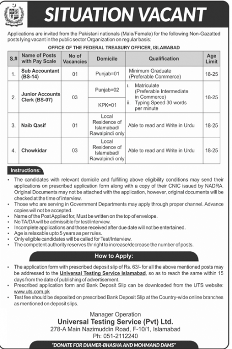 Treasury Officer Islamabad Jobs UTS 2018 