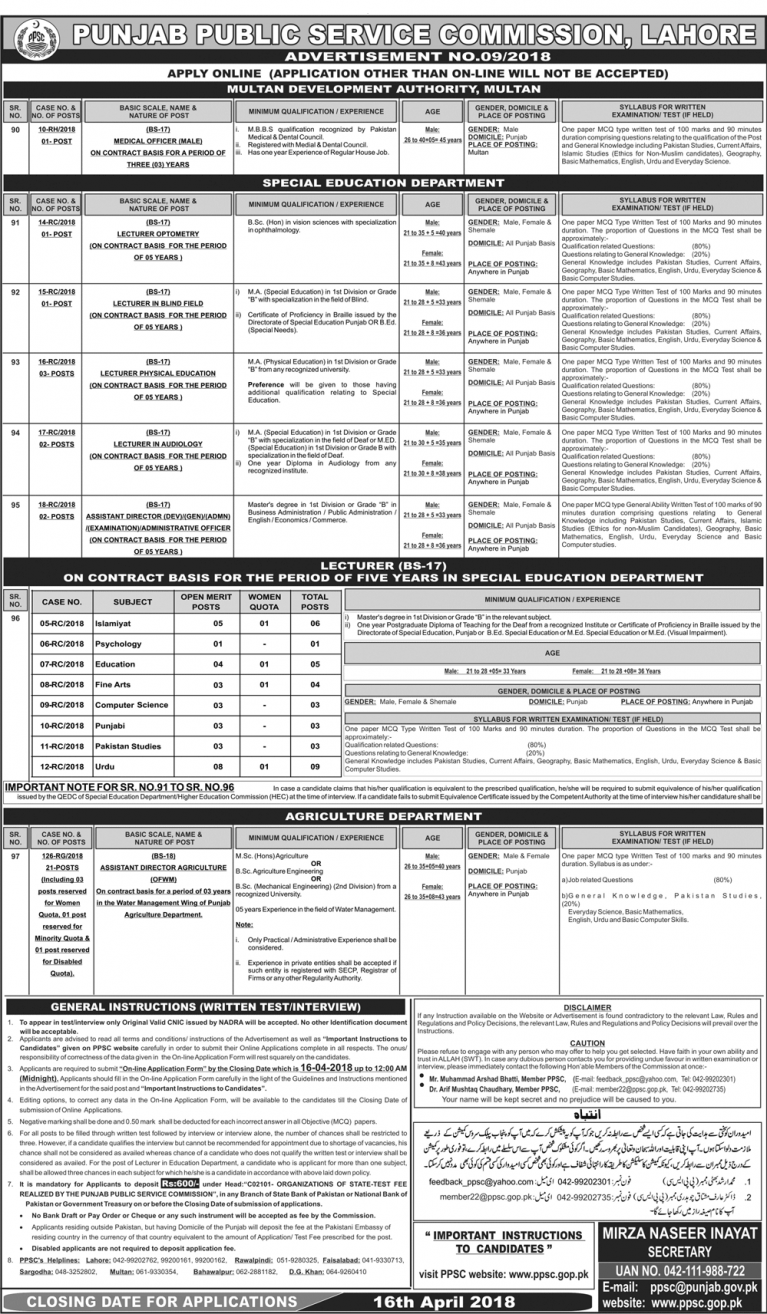 PPSC Latest Jobs Advertisement No. 09 of 2018 Apply Online