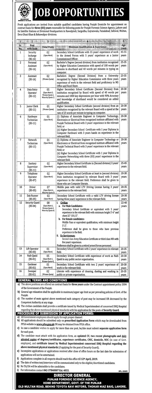 Punjab Forensic Science Agency Lahore Latest Jobs Advertisement 2019